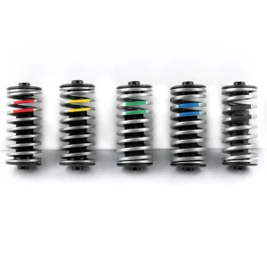 ST suspension elements for parallelogram seat posts in the five available firmness levels Soft (red), Medium (yellow), Standard (green), Hard (blue) and Extra Hard (black)