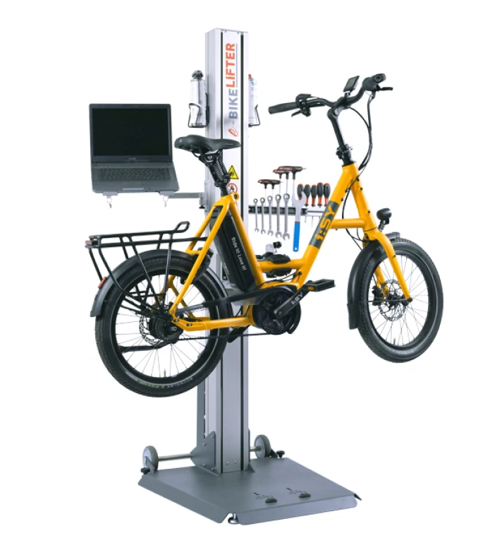 e-Bikelifter BM-65 mit gelbem i:SY Kompaktrad und vielen Anbauteilen